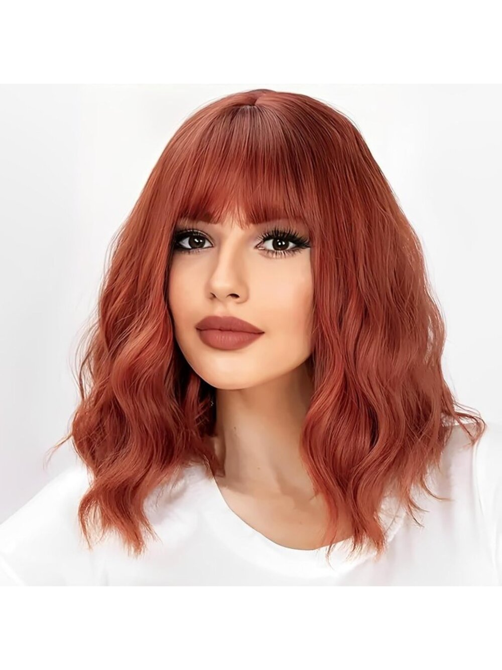 Women's Reddish Brown Ombre Wig for Short Wavy Bob Bangs Pastel Synthetic Hair
